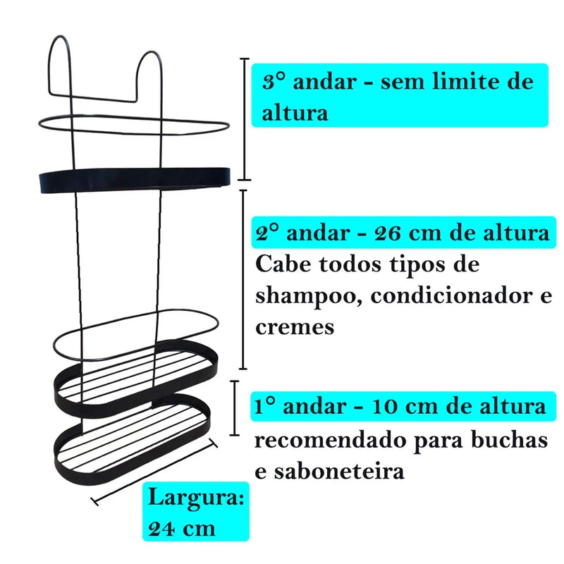 Suporte Porta Shampoo 3 Andares Preto